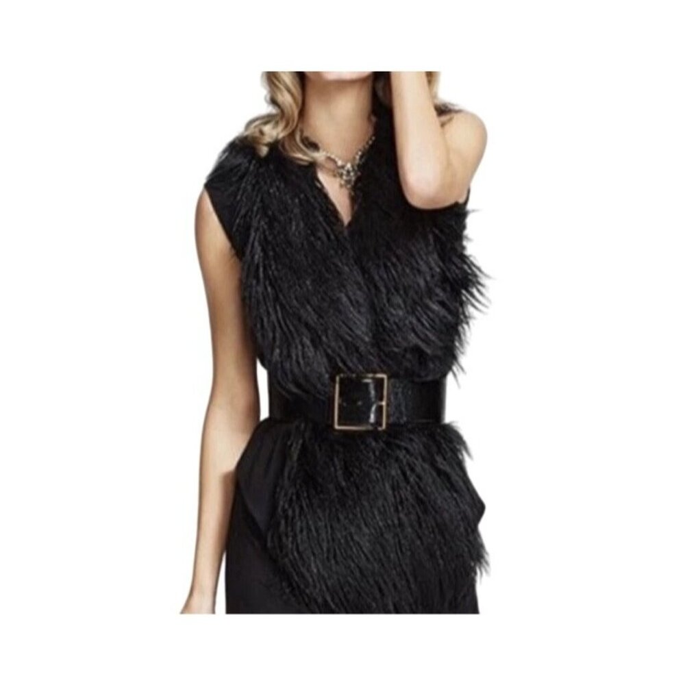 Cabi Black Faux Fur Vest Open Front XL Sleeveless Mob Wife Boho Chic